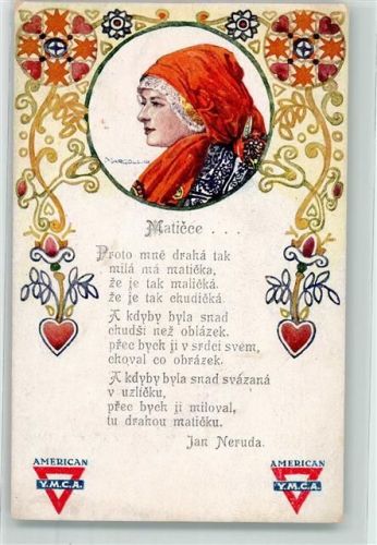 sign. Margold Portrait einer Frau mit Kopftuch Herz Blumen YMCA Gedicht von Jan Neruda