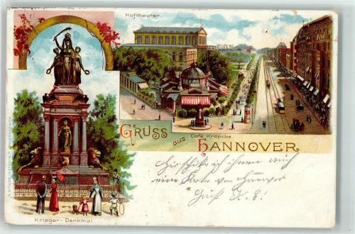 Hannover Lithographie Kriegerdenkmal Hoftheater Cafe Kröpcke Straßenbahn