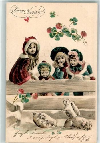 1904 Neujahr Schwein Kinder Kleeblatt