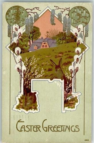 1910 Hase mit Weidenkätzchen und Birkenkätzchen Easter Greetings Jugendstil Lithographie