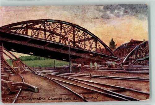 Wilna 1916 zerstörte Eisenbahnbrücke am Bahnhof Feldpost WK I Nr. 166