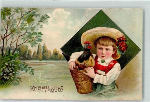Kind Strohhut Huhn Joyeuses Paques Litho