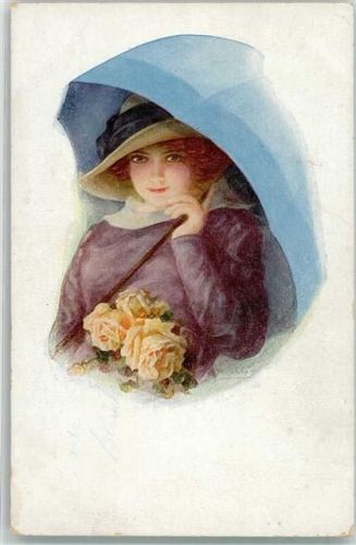Frau mit Regenschirm und Rosen