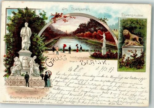 Tiergarten 1907 Im Tiergarten Goldfischteich Goethedenkmal Löwengruppe