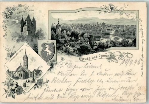 Schwäbisch Gmünd 1896 Johannis- Kirche Fünf-Knöpf-Turm Lithographie