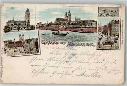 Magdeburg 1902 Dom Marktplatz Denkmal Hesselbach-Brunnen Lithographie