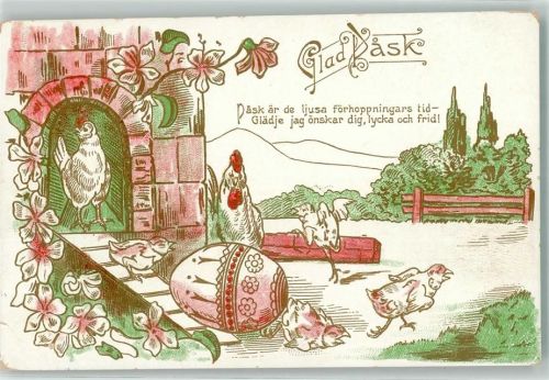 1907 Henne Küken Osterei Blumen Glad Pask