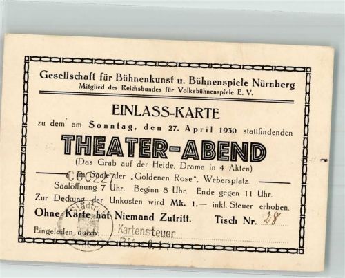 Nürnberg Eintrittskarte Theater-Abend Gesellschaft f. Bühnenkunst u. Bühnenspiel