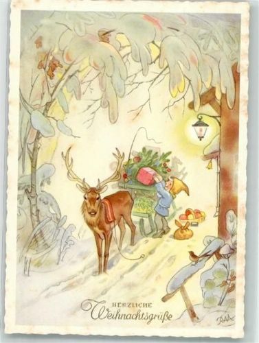 sign. Charlotte Baron Weihnachten Hirsch Schlitten