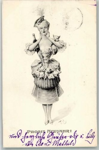 1901 Serie 205 Nr. 6 sign. T. Zahl , Neujahr Frau mit Schweine + Adelskorrespondenz
