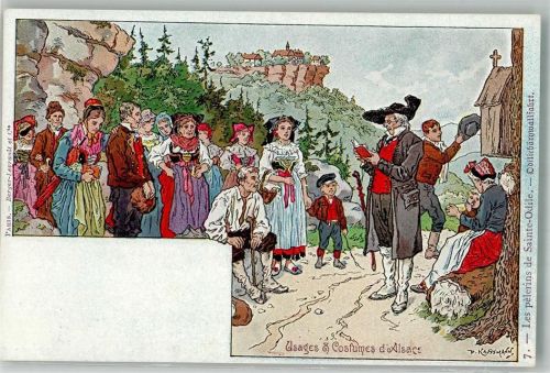 1900 Usages & Costumes d`Alsace sign. Kauffmann Messe am Wegekreuz
