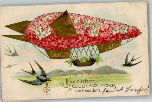 1909 Zeppelin aus Blüten Schwalben Neujahr Verlag Winkler & Voigt 6536