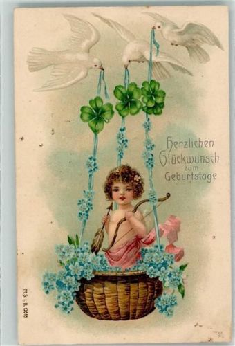 1906 Ballonkorb mit Vergißmeinnicht weiße Tauben Litho