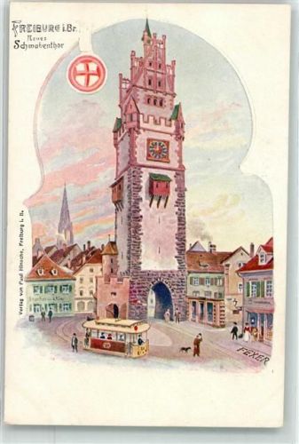 Freiburg Neues Schwabentor Straßenbahn Aquarell sign. Fexer