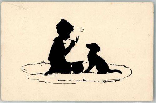 1938 Kind Seifenblasen Spielzeug Hund Verlag Ackermann Serie 158 Silhouetten von Wellmann