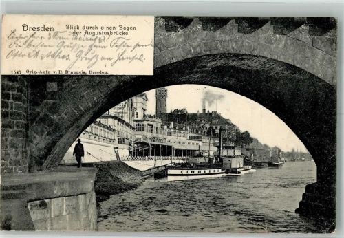 Dresden 1905 Brückenbogen der Augustusbrücke Elbe Salondampfer