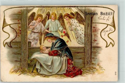 1906 Drei Engel wachen über das Christkind in der Krippe und die Muttergottes Sretan Bozic! Lithographie