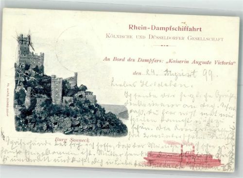 Niederheimbach 1899 An Bord des Dampfers Kaiserin Auguste Victoria + Burg Sonneck