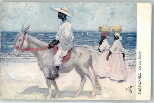 Bridgetown sign. Oilette Barbados 7050 Tracht Am Strand Lithographie