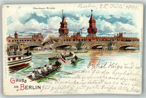 Friedrichshain 1899 Lithographie Oberbaum Brücke Dampder Ruderboote