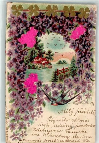 mit echt Stoff Applikation Veilchen Schwalbe 1902 Lithographie / Prägedruck