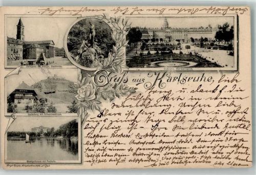 Karlsruhe 1898 Marktplatz Ev. Stadtkirche Schloss Stadtgartensee m. Festhalle
