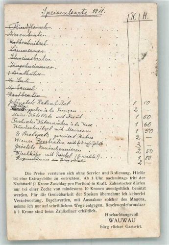 1911 Rückseite Speisekarte Wauwau Bürgerl. Gastwirt Humor B.K.W.I.