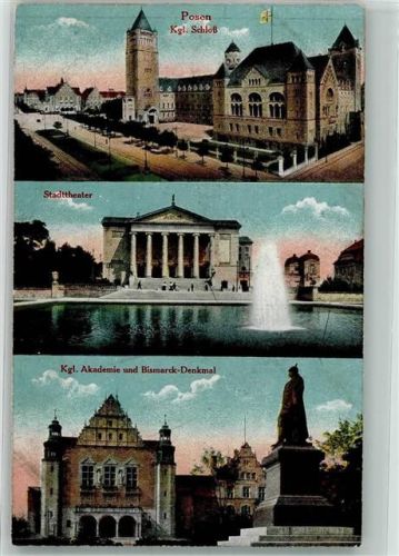 Posen 1917 Feldpost WK I Garnison-Battl. Schloss Theater Denkmal Bismarck