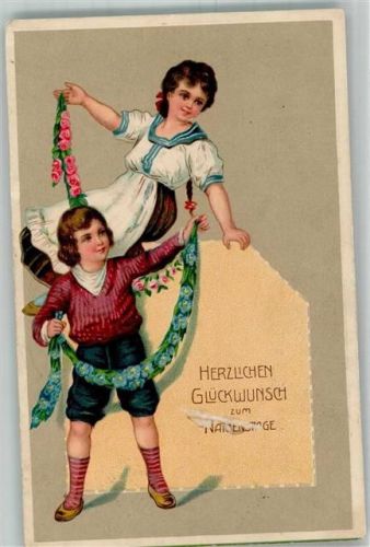1914 Kinder mit Girlanden Vergissmeinnicht und Rosen