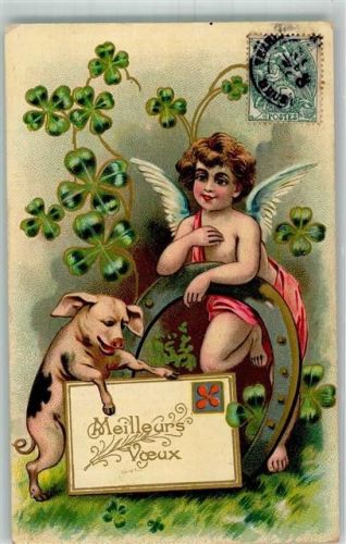 1906 Neujahr Engel Hufeisen Glücksklee