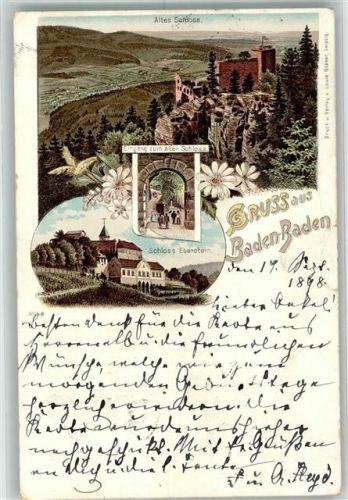 Baden-Baden 1898 Schloss Eberstein Lithographie