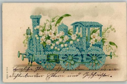 1905 Lokomotive aus Vergissmeinnicht Blüten Maiglöckchen
