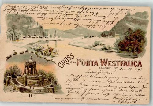 Porta Westfalica 1898 Denkmal Winter Lithographie