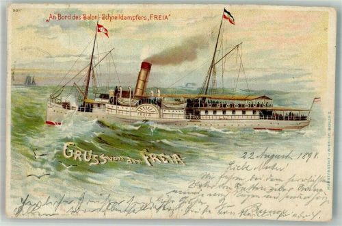 1898 Salondampfer Raddampfer Freia Lithographie - viele Büge