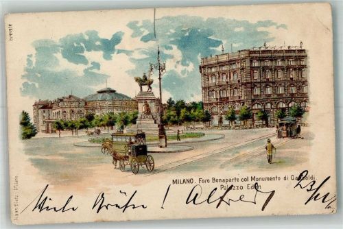 Milano 1903 Pferdestraßenbahn Denkmal Garibaldi Foto Bonaparte Palazzo Eden Lithographie