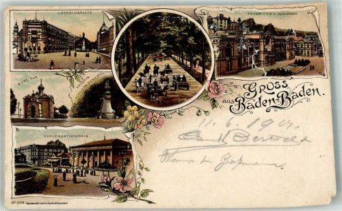 Baden-Baden 1901 Lithographie Leopoldsplatz Russ. Kapelle Friedrichs u. Augustabad