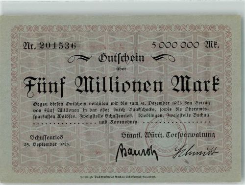 Bad Schussenried 1923 Fünf Millionen Mark