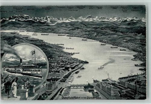 Dampfschiffahrt auf dem Zürichsee - Landkarte, Raddampfer ca 1912 AK