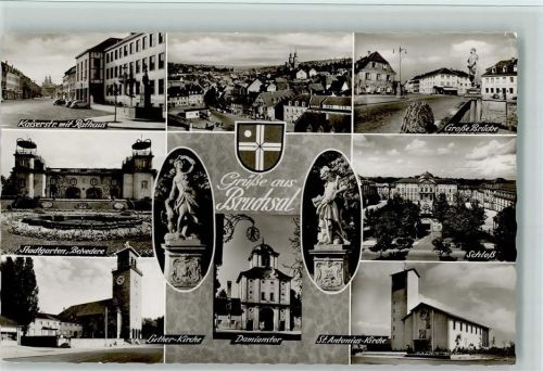 Bruchsal Kaiserstraße mit Rathaus Gesamtansicht Große Brücke Stadtgarten Belvedere Luther-Kirche Damianstor Statuen Schloß St. Antonius-Kirche Mehrfachaufnahme Wappen