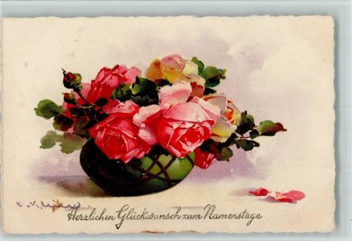 Namenstag , Blumenvase, Rosen litho 1929 AK