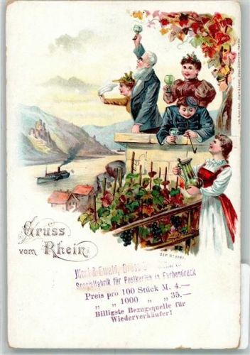 1900 Gasthaus am Rhein, Gäste mit Weingläsern Werbekarte für Postkartenverlag Illert & Ewald