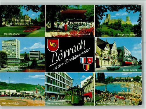 Lörrach Hauptbahnhof Im Rosenfelspark Burgruine Rötteln Schwesternwohnheim Städt. Altersheim Basler Straße RWL-Sportplatz Trämlis letzte Fahrt Städt. schwimmbad Mehrfachaufnahme