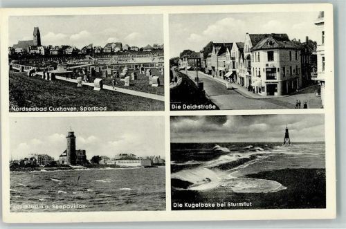 Cuxhaven Sportbad Deichstraße Leuchtturm Seepavillon Kugelbake bei Sturmflut 4-Bildaufnahme
