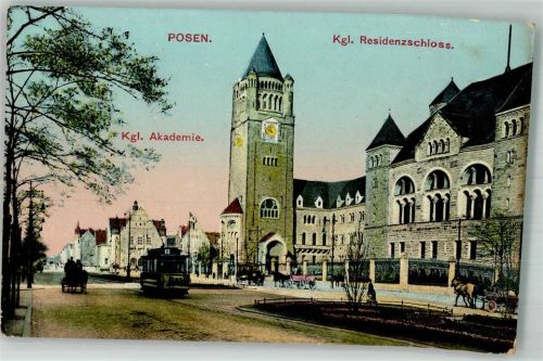 Posen 1914 Schloss Kgl. Akademie Straßenbahn Feldpost Kgl.Sächs.Fuss- Art.Rgt. 19