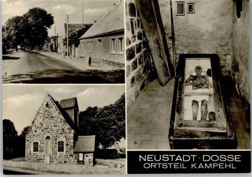 Kampehl Teilansicht 700jährige Wehrkirche Mumie Skelett Ritter von Kahlbutz in der Gruft der Wehrkirche 3-Bildaufnahme