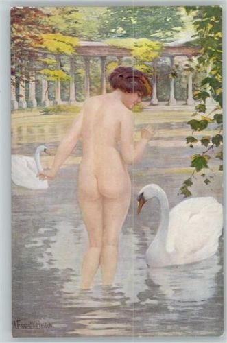 Nr. 533 - Erotik - Nackte badende Frau mit Schwäne sign Bisson "Das Bad"