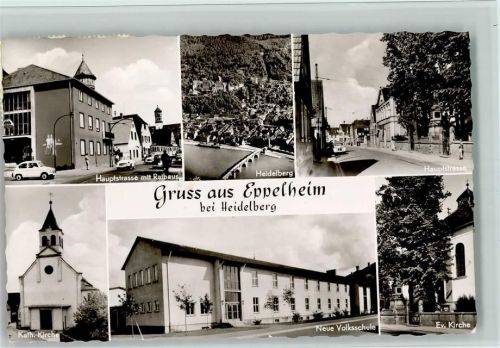 Eppelheim Hauptstrasse mit Rathaus Gesamtansicht Heidelberg Hauptstrasse Kath. Kirche Neue Volksschule Evangel. Kirche Mehrfachaufnahme