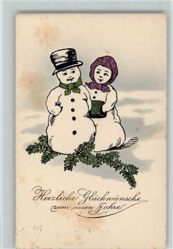 1934 Neujahr -- Schneemann und Schneefrau AK
