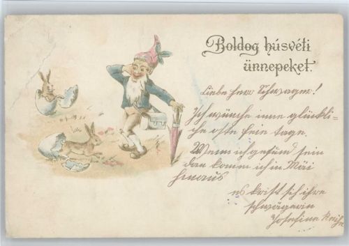 1900 Zwerg mit Holzschuhe, aus den Eiern schlüpfen Hasen