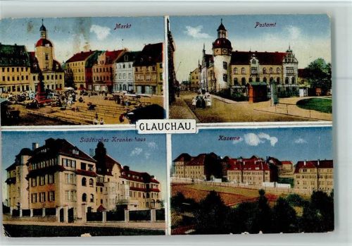 Glauchau Markt Marktszene Postamt Städt. Krankenhaus Kaserne 4-Bildaufnahme